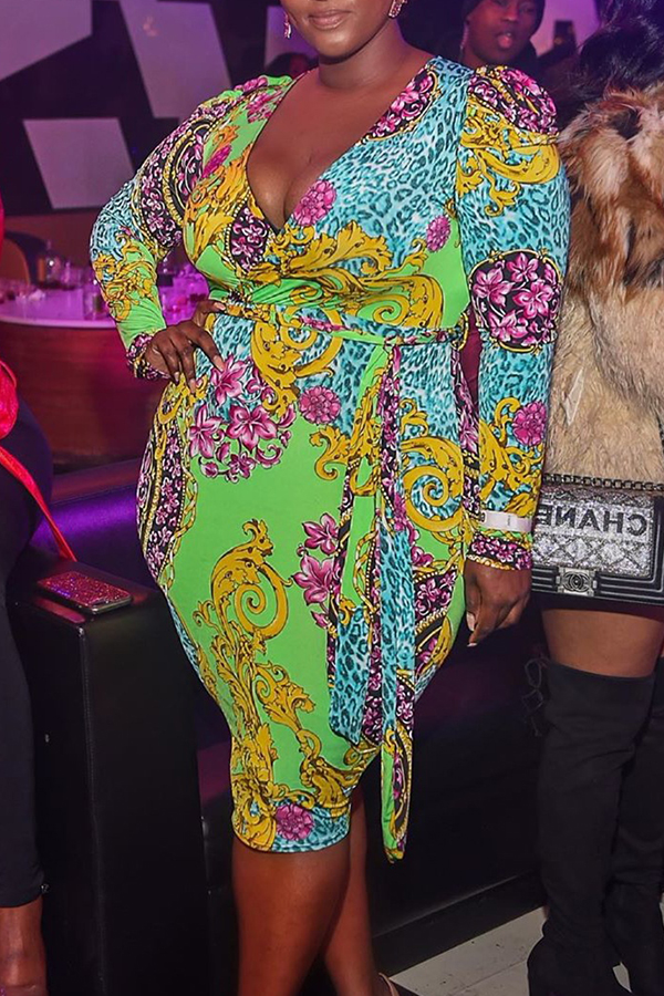 

Lovely Trendy Print Green Knee Length Plus Size Dress