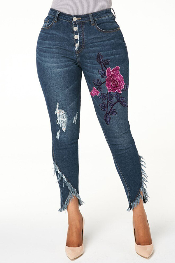 

Lovely Casual Asymmetrical Navy Blue Jeans