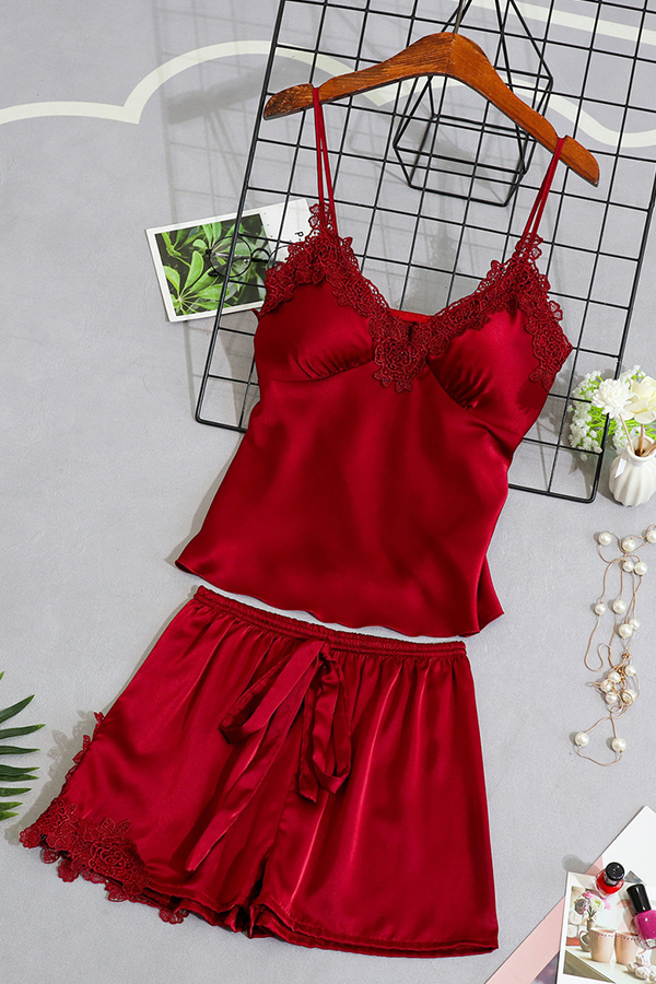

Lovely Sexy Lace-up Wine Red Sleepwear