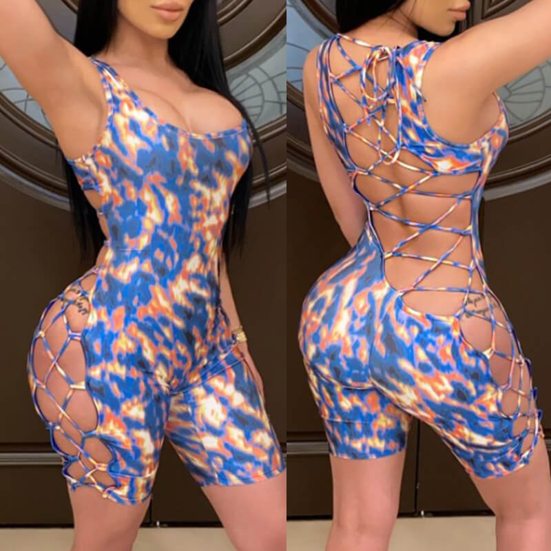 

Lovely Sexy Print Hollow-out Blue One-piece Romper