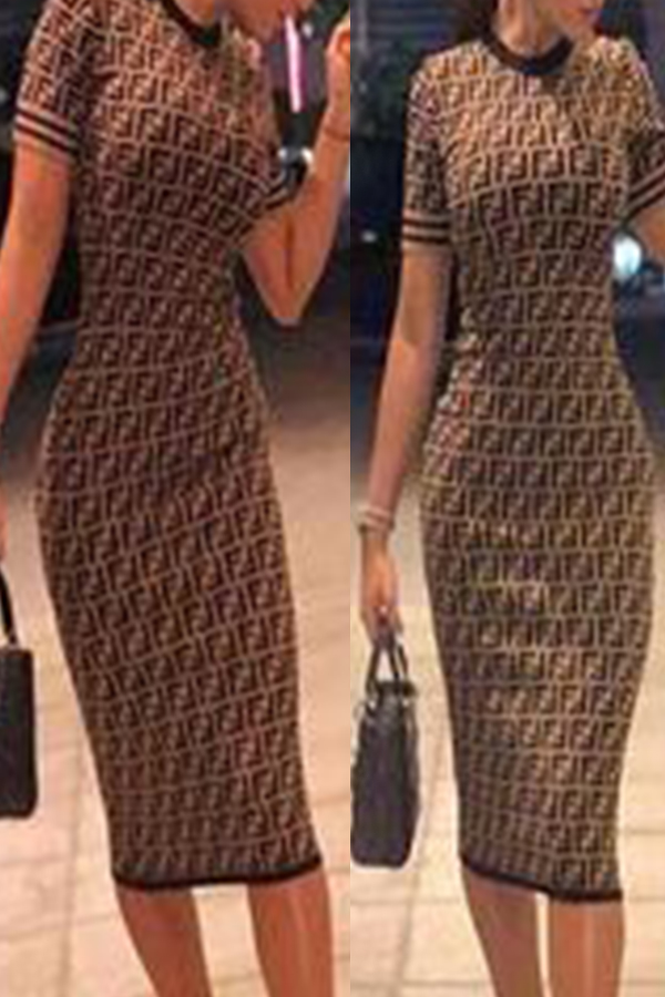 

Lovely Stylish Print Coffee Knee Length T-shirt Dress