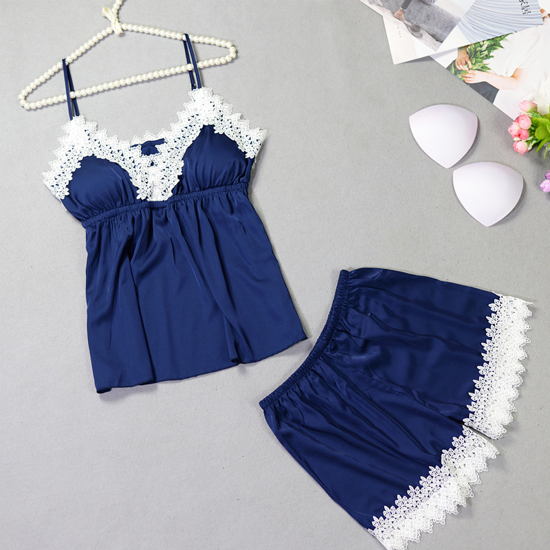 

Lovely Sexy Lace Patchwork Navy Blue Sleepwear