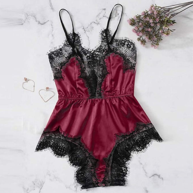 

Lovely Sexy Lace Hem Wine Red Sleepwear