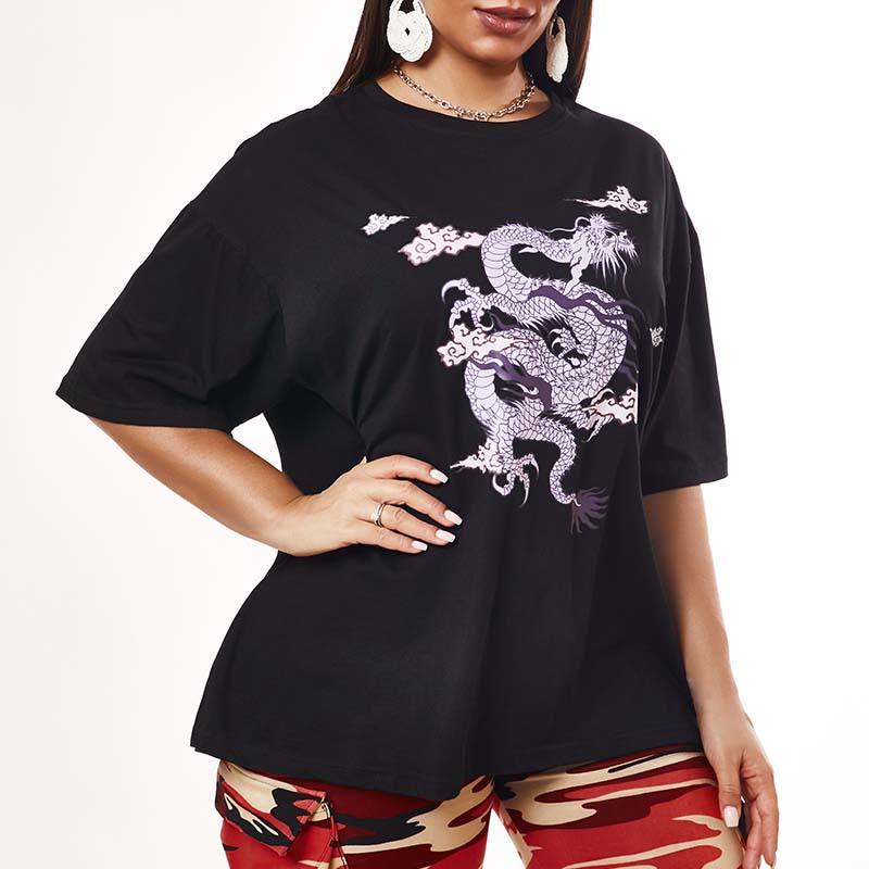 

Lovely Leisure O Neck Print Black T-shirt