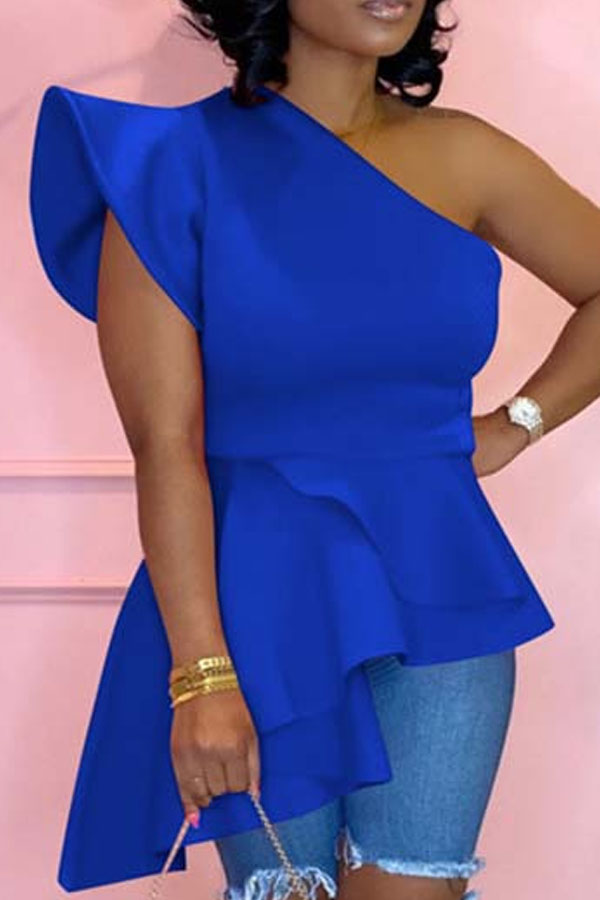 

Lovely Trendy One Shoulder Flounce Design Blue Blouse