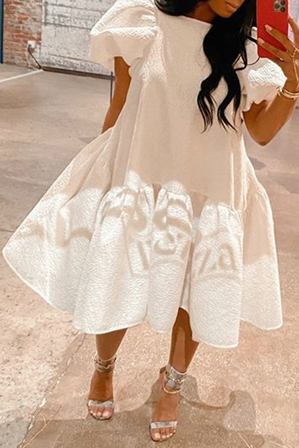 Lovely Trendy Fold Design White Mid Calf Dress