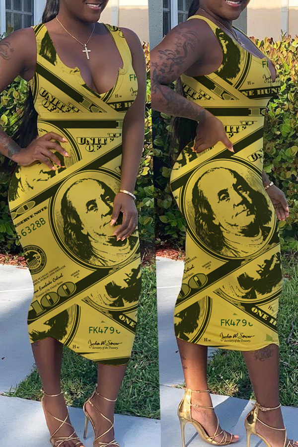 

Lovely Stylish V Neck Print Yellow Mid Calf Dress