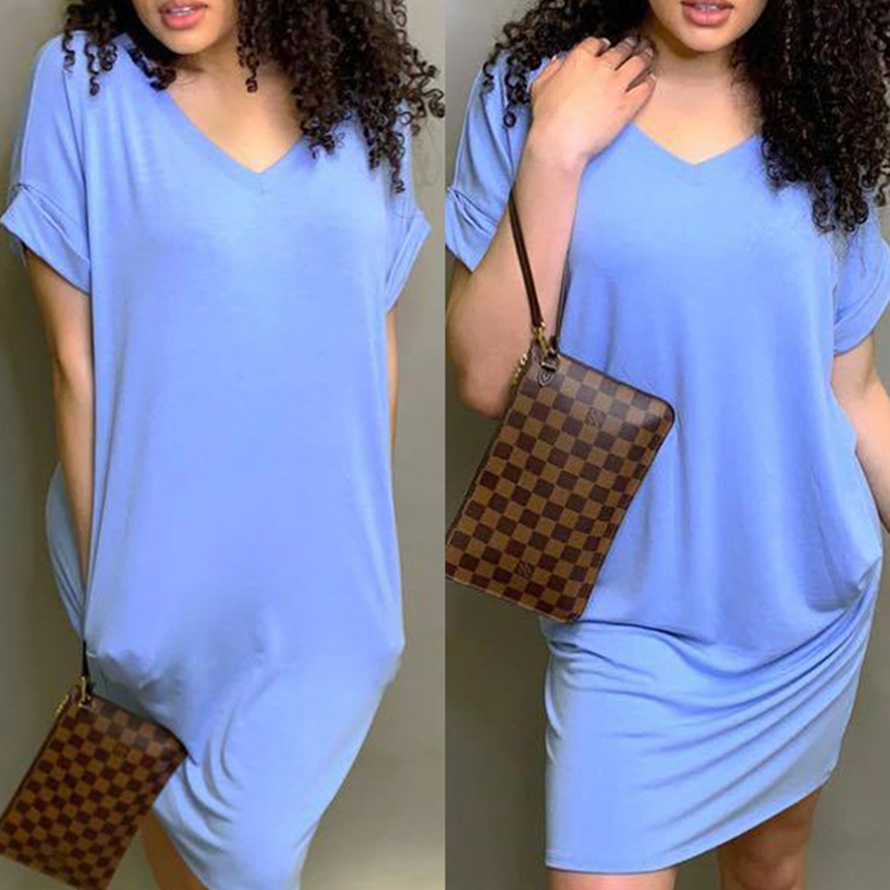 

Lovely Leisure V Neck Basic Baby Blue Knee Length Dress