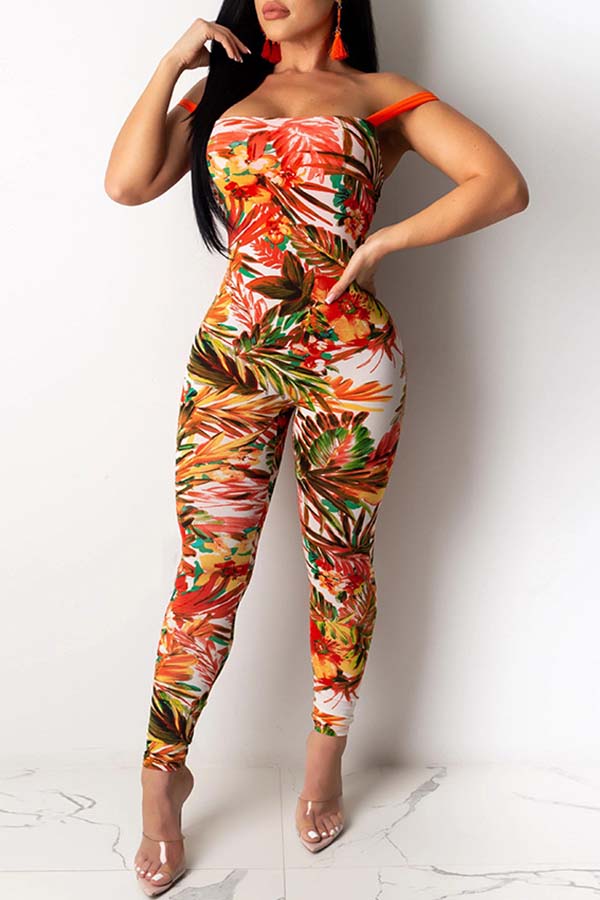 

Lovely Stylish Plants Print Orange One-piece Jumpsuit