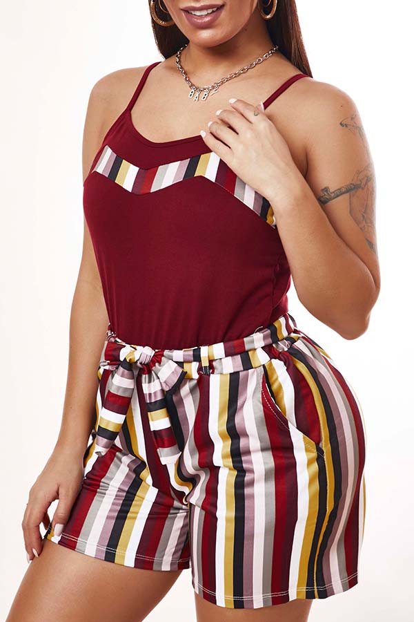 

Lovely Casual Striped Red Two-piece Shorts Set