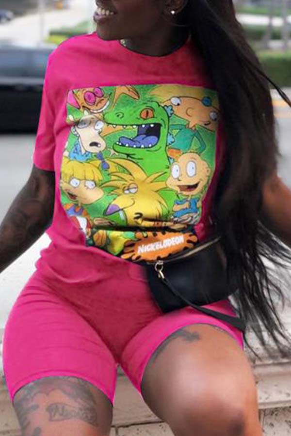 

Lovely Leisure Cartoon Print Pink Two-piece Shorts Set
