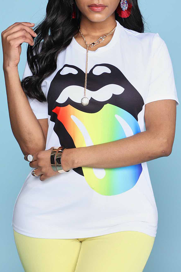 

Lovely Leisure O Neck Lip Print White T-shirt