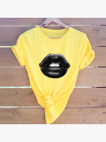 Lovely Casual O Neck Lip Print Yellow Plus Size T-shirt