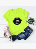 Lovely Casual O Neck Lip Print Green Plus Size T-shirt