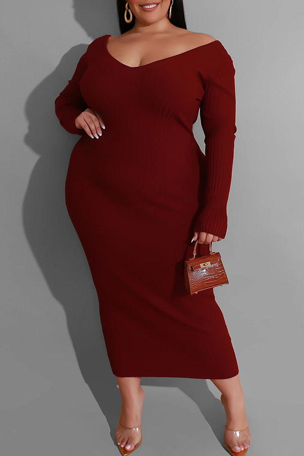 

Lovely Casual V Neck Basic Wine Red Mid Calf Plus Size Dress