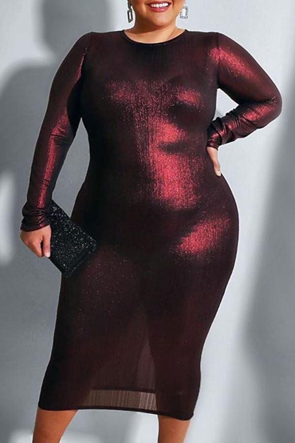 

Lovely Trendy See-through Wine Red Mid Calf Plus Size Dress