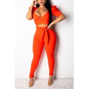 Lovely Chic V Neck Orange Two-piece Pants Set