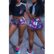 Lovely Casual Print Dark Blue Two-piece Shorts Set