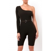 Lovely Casual One Shoulder Black One-piece Romper