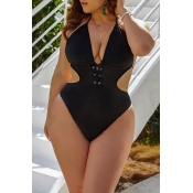 Lovely Hollow-out Black Plus Size One-piece Swimsu