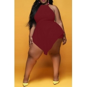Lovely Trendy Asymmetrical Wine Red Plus Size One-