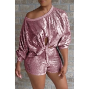 Lovely Casual Sequined Pink Two-piece Shorts Set