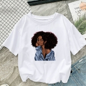 Lovely Plus Size Casual Print White T-shirt