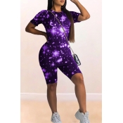Lovely Casual Starry Sky Print Purple Two-piece Sh