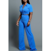 Lovely Leisure Buttons Design Blue Two-piece Pants