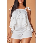 Lovely Sweet Flounce White Two-piece Shorts Set