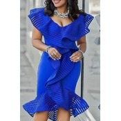 Lovely Trendy Flounce Design Blue Mid Calf Dress