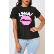 Lovely Casual Lip Print Black T-shirt
