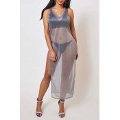 Lovely Leisure See-through Grey Ankle Length Dress