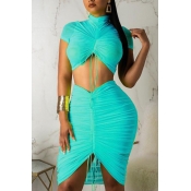 Lovely Trendy Fold Design Blue Two-piece Skirt Set