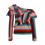 Lovely Trendy Flounce Design Multicolor Blouse
