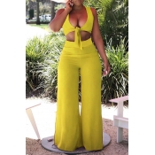 Lovely Casual Lace-up Yellow Two-piece Pants Set