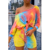 Lovely Casual Tie-dye Yellow Two-piece Shorts Set