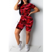 Lovely Casual Camo Print Red Two-piece Shorts Set