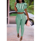 Lovely Casual Striped Green Two-piece Pants Set