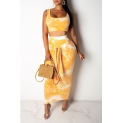 Lovely Casual Tie-dye Yellow Two-piece Skirt Set