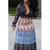 Lovely Sweet Print Deep Blue Two-piece Skirt Set
