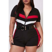 Lovely Plus Size Casual Patchwork Black One-piece 