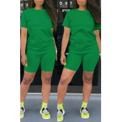 Lovely Leisure Basic Green Two-piece Shorts Set