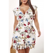 Lovely Bohemian V Neck Print White Knee Length Dre