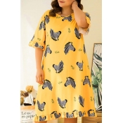 Lovely Leisure Print Yellow Knee Length Plus Size 