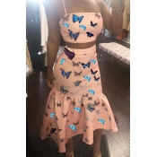 Lovely Sweet Butterfly Print Light Pink Two-piece 