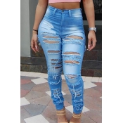 Lovely Trendy Broken Holes Baby Blue Jeans