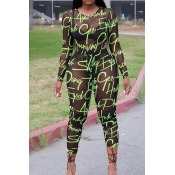 Lovely Leisure Letter Print Green Two-piece Pants 