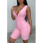 Lovely Sportswear Zipper Design Pink One-piece Rom