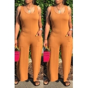 Lovely Casual Pocket Patched Orange One-piece Jump